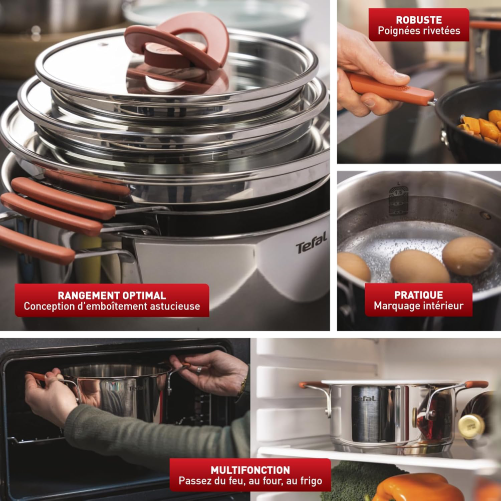 Service De Cuisine 13Pcs Tefal G720SD74 - Faitouts 18/20/24 + Couvercle +Ustensiles - Inox – Image 3